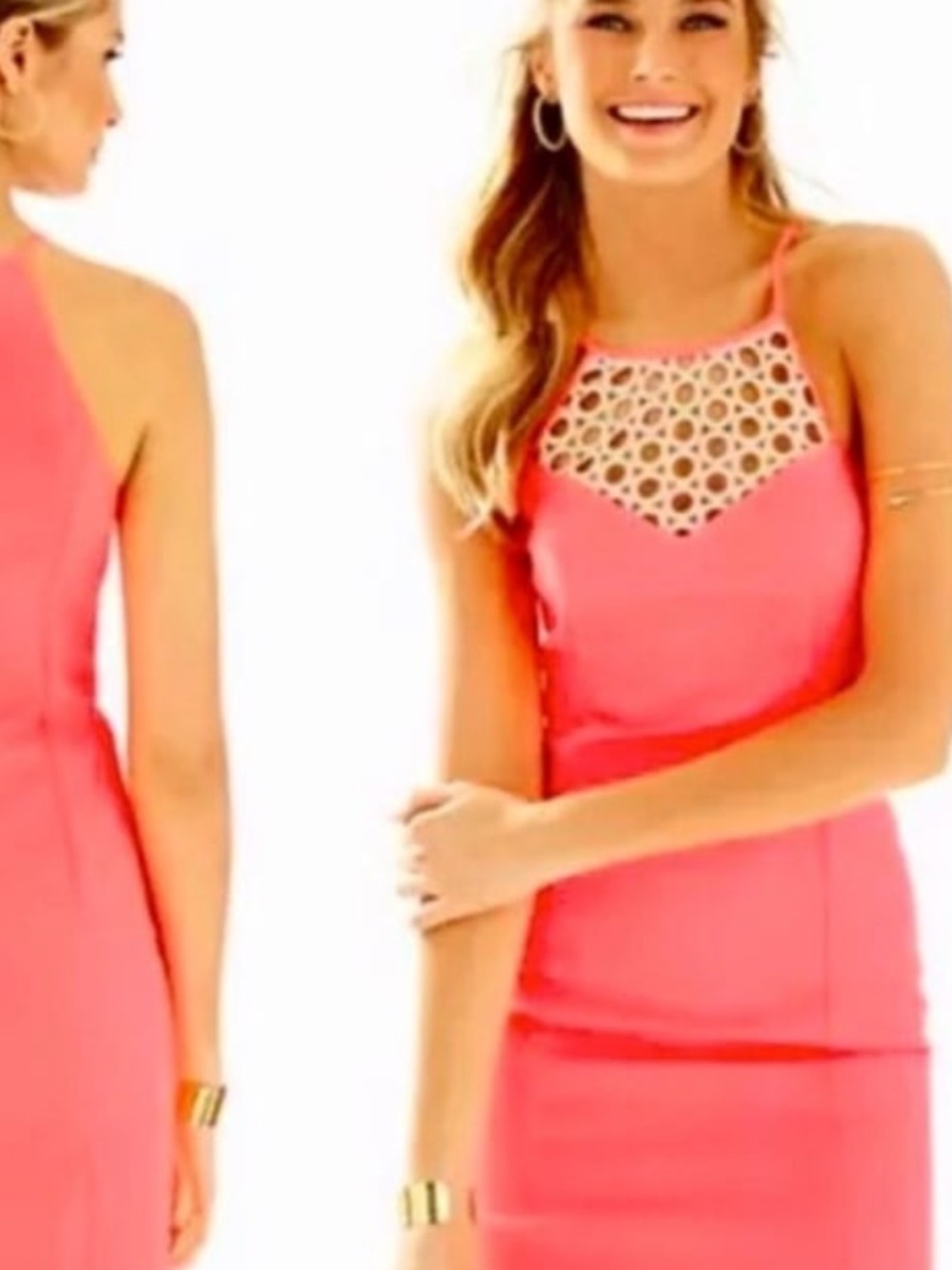 Lilly Pulitzer Larina Coral Pink Halter Mini Dress with Crochet Yoke